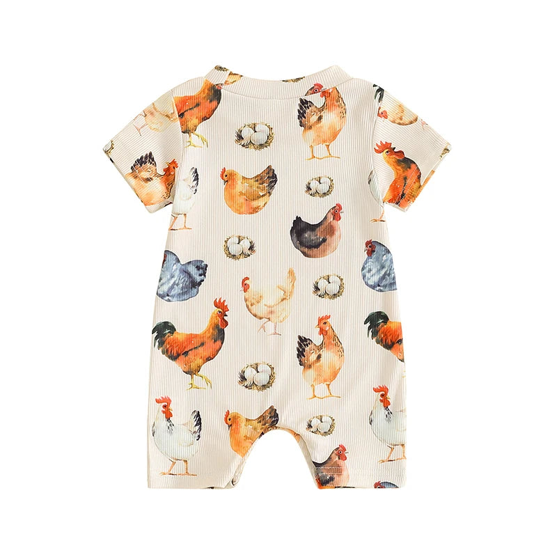 Baby Girls Boys Romper Round Neck Short Sleeve Rooster Chicken Eggs Print Ribbed Jumpsuit Summer Clothes Romper