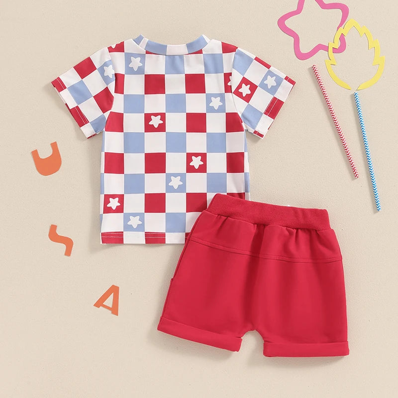 Baby Toddler Boys 2Pcs 4th of July USA Outfit Short Sleeve Letter Flag/Star Checkerboard Print Top Drawstring Shorts Set