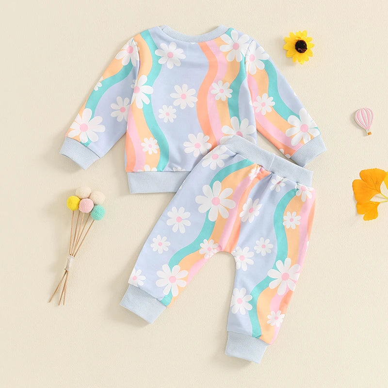 Baby Toddler Girls 2Pcs Fall Outfit Striped Daisy Flower Print Long Sleeve Top and Elastic Pants Set