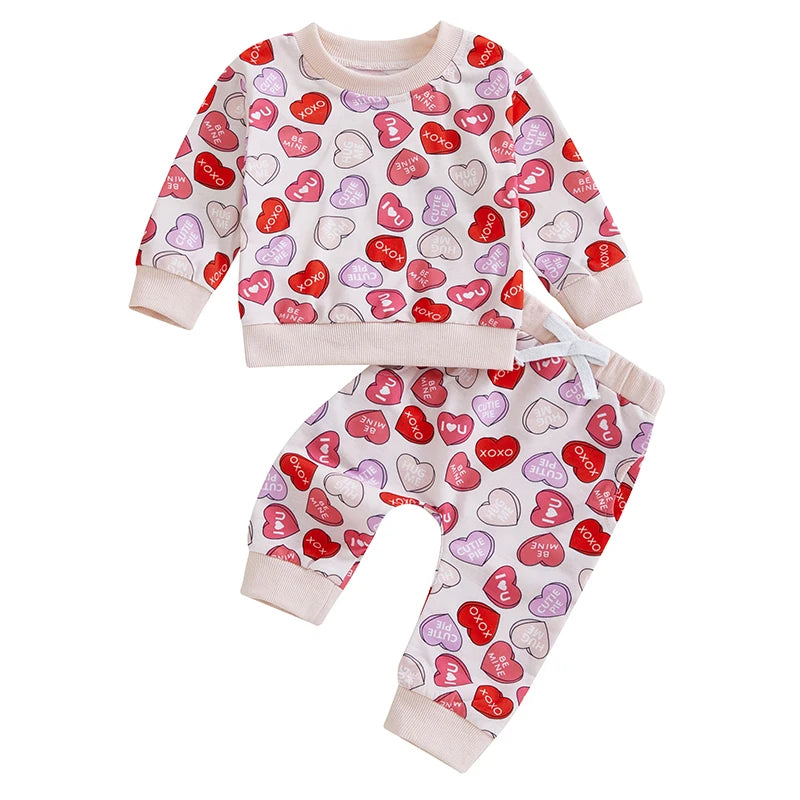 Baby Toddler Boys Girls 2Pcs Valentine's Day Outfit Heart Letter XOXO Love Long Sleeve Crewneck Top and Elastic Pants Valentines Jogger Set