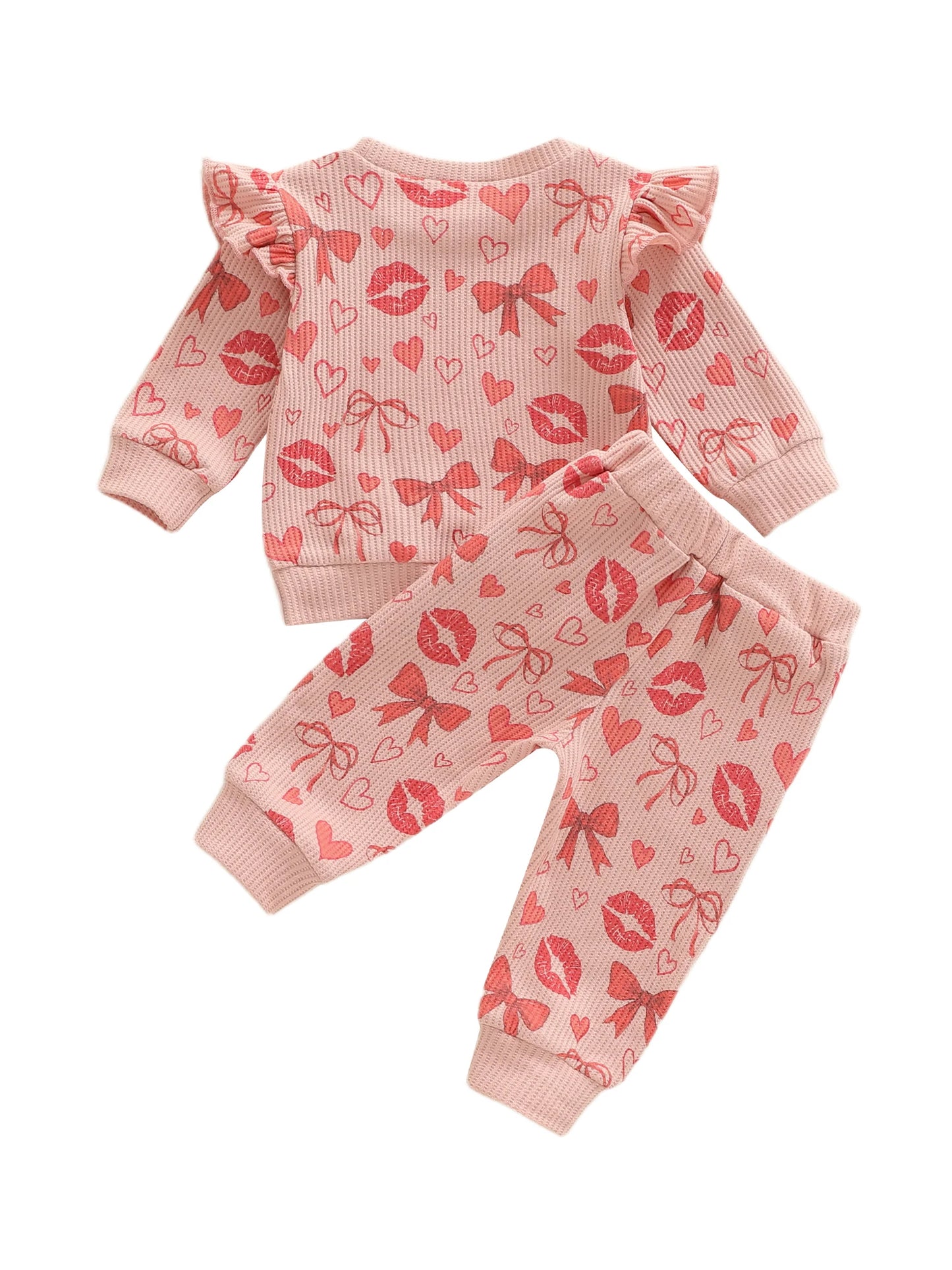 Baby Toddler Girls 2Pcs Valentine's Day Outfit Heart Bow Kiss Print Long Sleeve Crew Neck Top and Elastic Waist Pants Jogger Set
