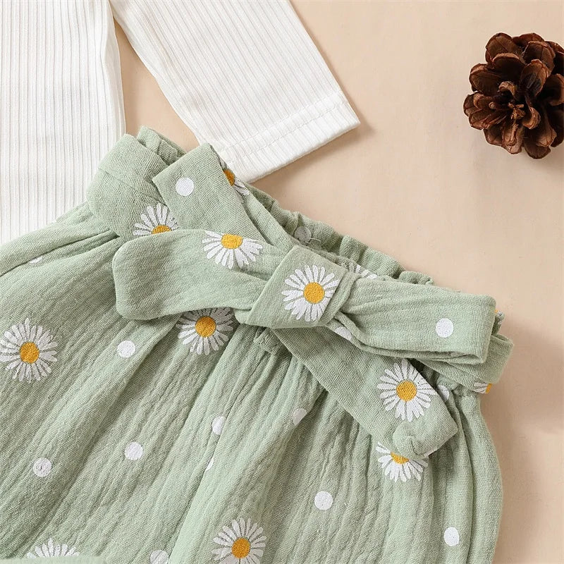 Baby Girl 3Pcs Solid Ribbed Ruffle Romper Long Sleeve Daisy Print Pants and Bow Headband Set