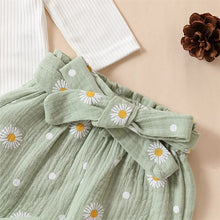 Load image into Gallery viewer, Baby Girl 3Pcs Solid Ribbed Ruffle Romper Long Sleeve Daisy Print Pants and Bow Headband Set
