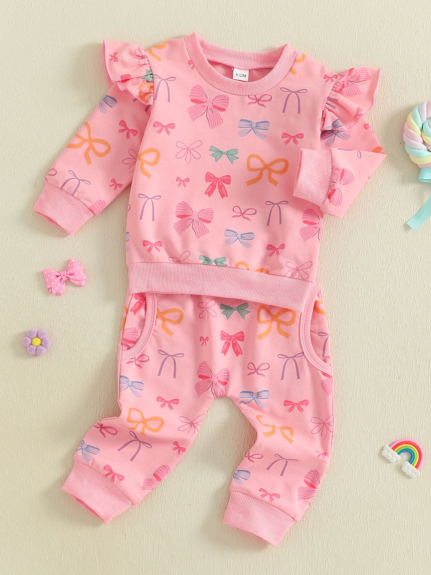 Baby Toddler Girls 2Pcs Fall Outfits Bow Print Ruffled Long Sleeve Top and Elastic Pants Jogger Set