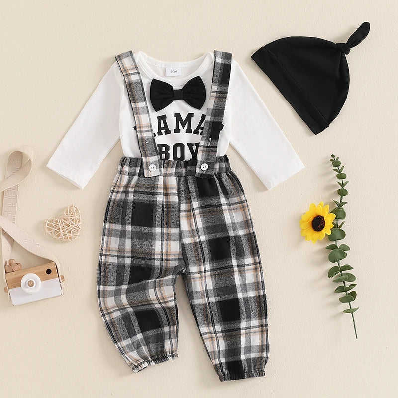 Baby Boys 3Pcs Mama's Boy Gentleman Outfit Long Sleeve Letter Embroidery Romper Bowtie Plaid Suspender Pants Beanie Hat Set