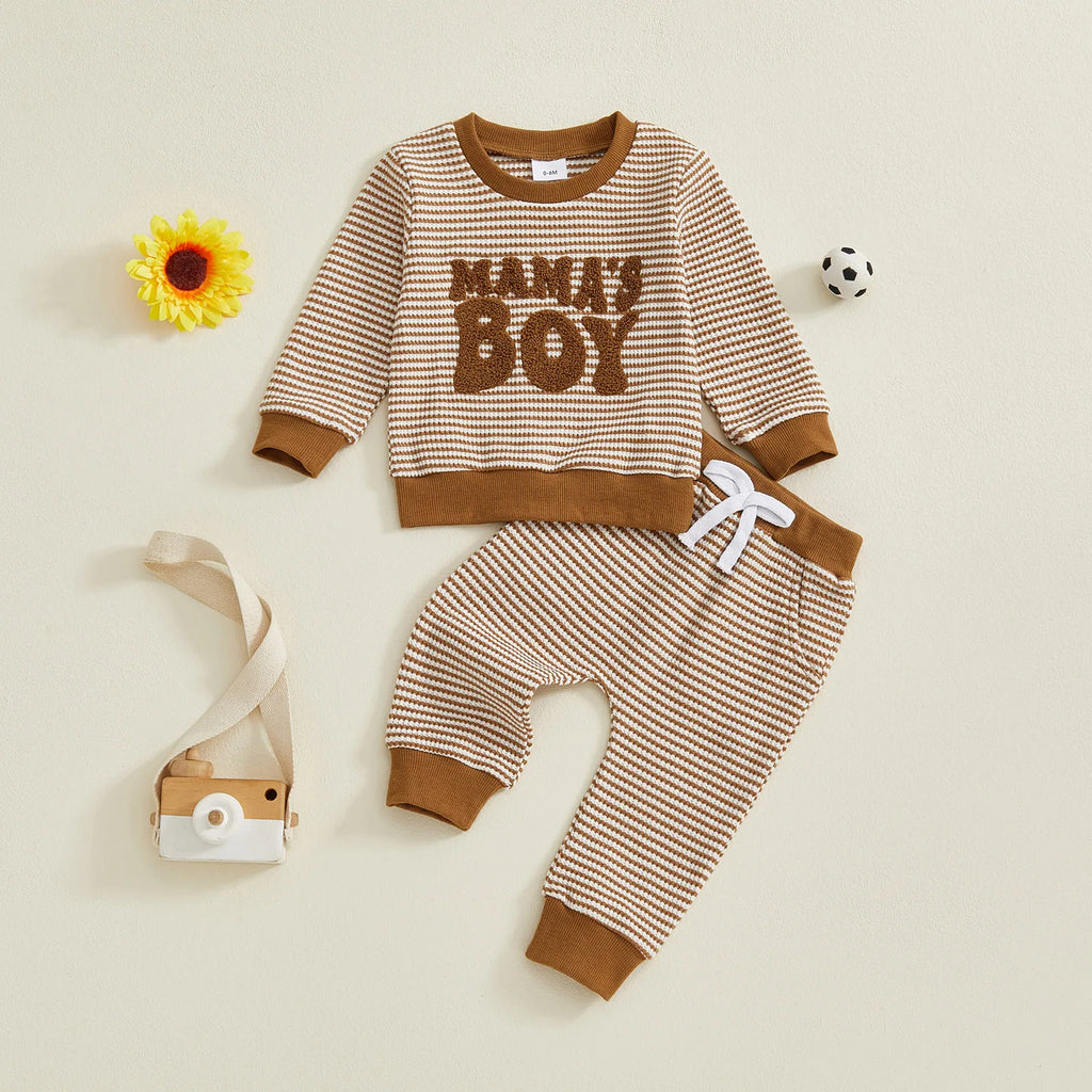 Baby Toddler Boys 2Pcs Fall Striped Outfit Letter Embroidery Long Sleeve Top and Elastic Pants Jogger Set