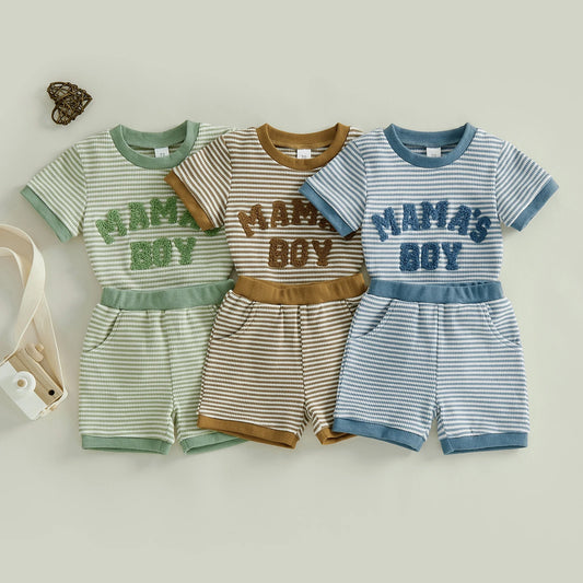 Baby Boys 2Pcs Mama's Boy Summer Set Striped Letter Embroidery Short Sleeve Romper and Shorts 2 Piece Outfit