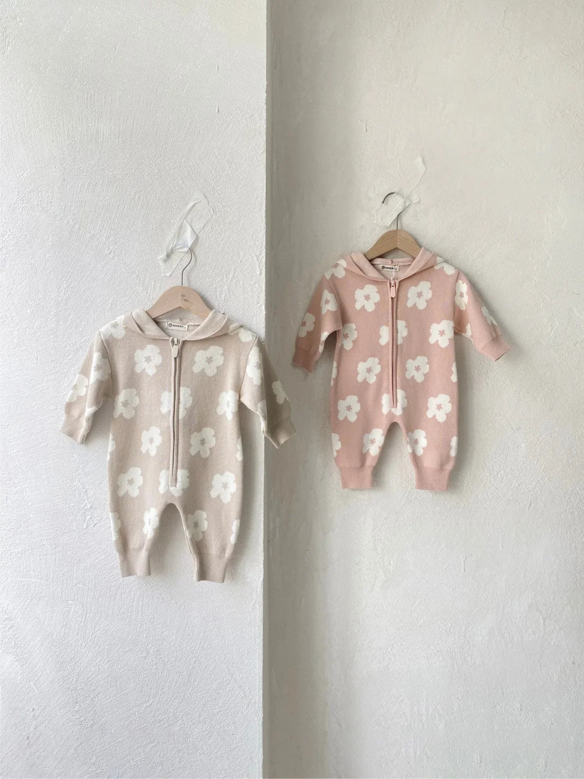 Floral Knitted Zip Up Hooded Jumpsuit Romper