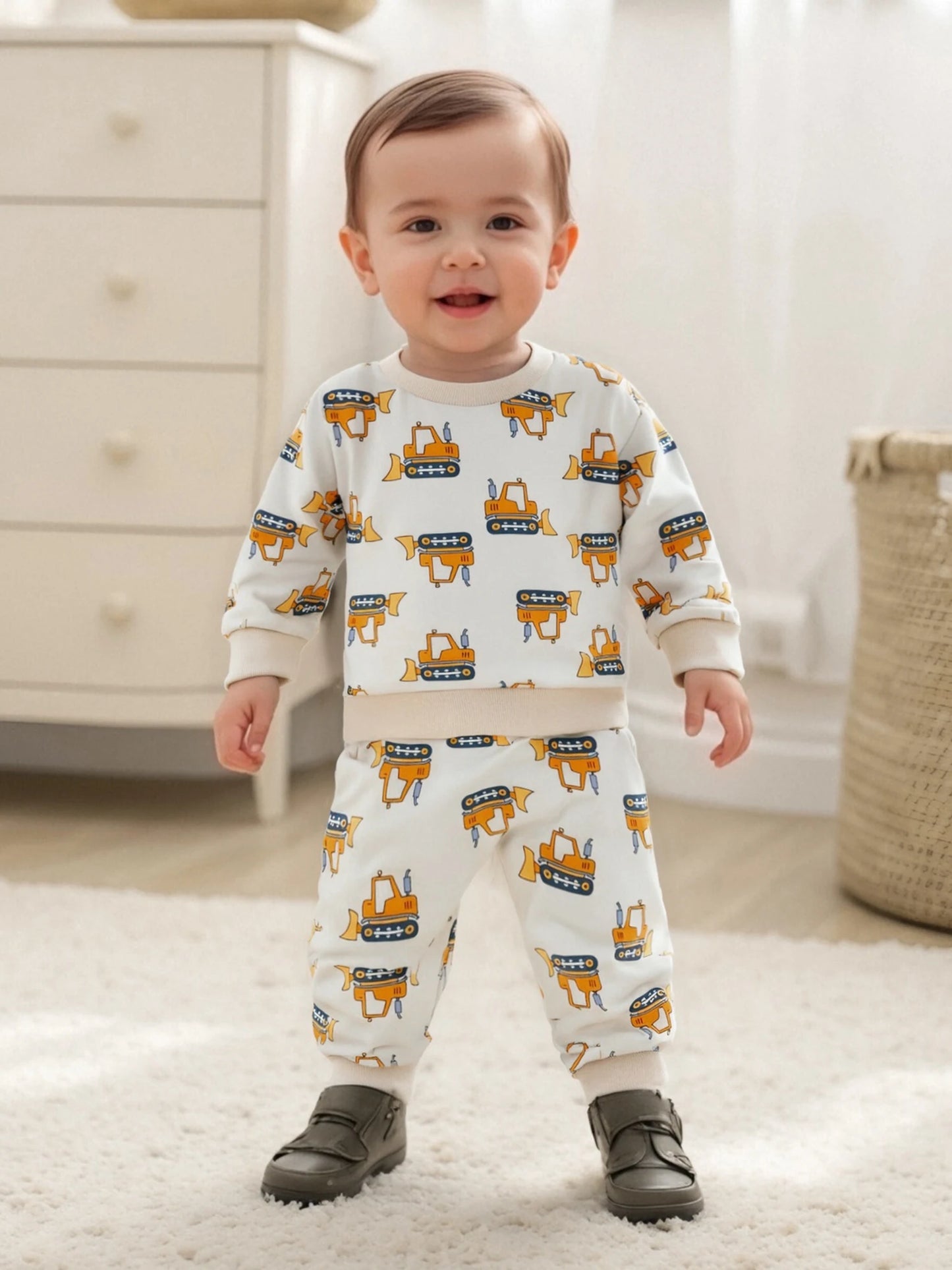 Baby Toddler Boys 2Pcs Autumn Sets Long Sleeve O Neck Excavator Print Top Drawstring Pants Jogger Set