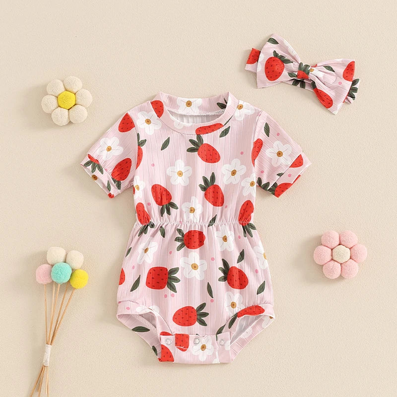 Baby Girls 2Pcs Casual Romper Short Sleeve O Neck Floral Flowers Strawberries Print Romper with Headband Set