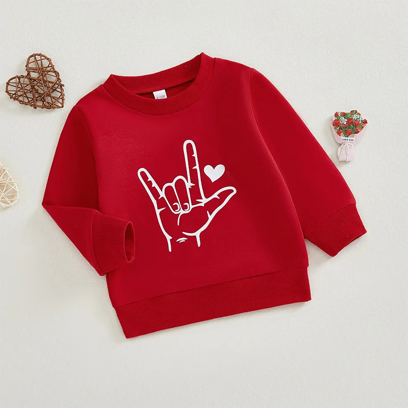 Baby Toddler Girls Boys Love Hand Sign Language Heart Print Long Sleeve Pullover Valentine's Day Valentines Top