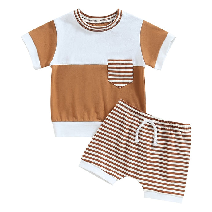Toddler Kids Baby Boys 2Pcs Short Sleeve T-shirt Pocket Elastic Striped Shorts Outfit Set