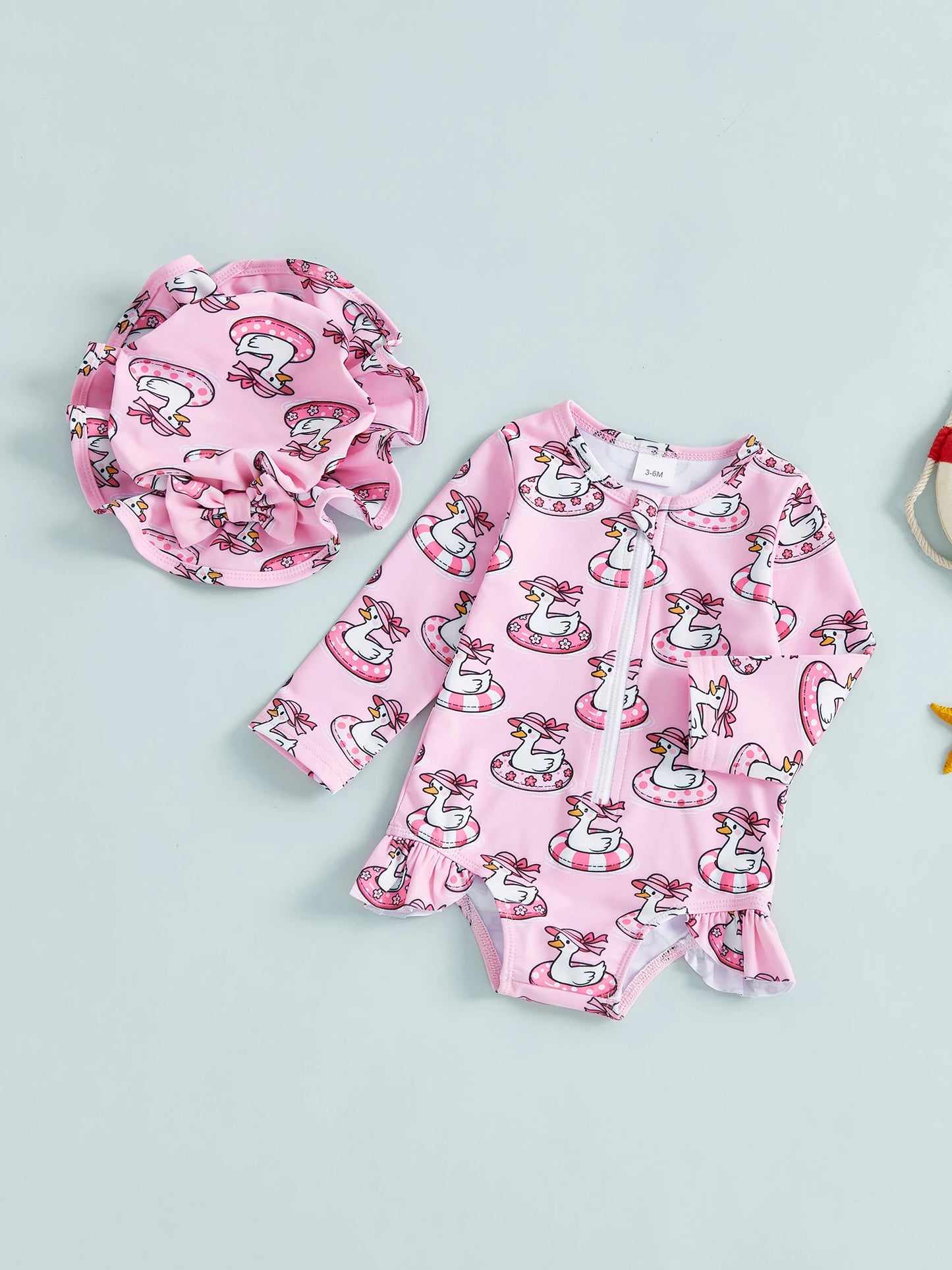 Baby Toddler Girls 2Pcs Swimsuit Set Duck/Shell Print Crew Neck Long Sleeve Zipper Rash Guard Swimwear and Sun Hat