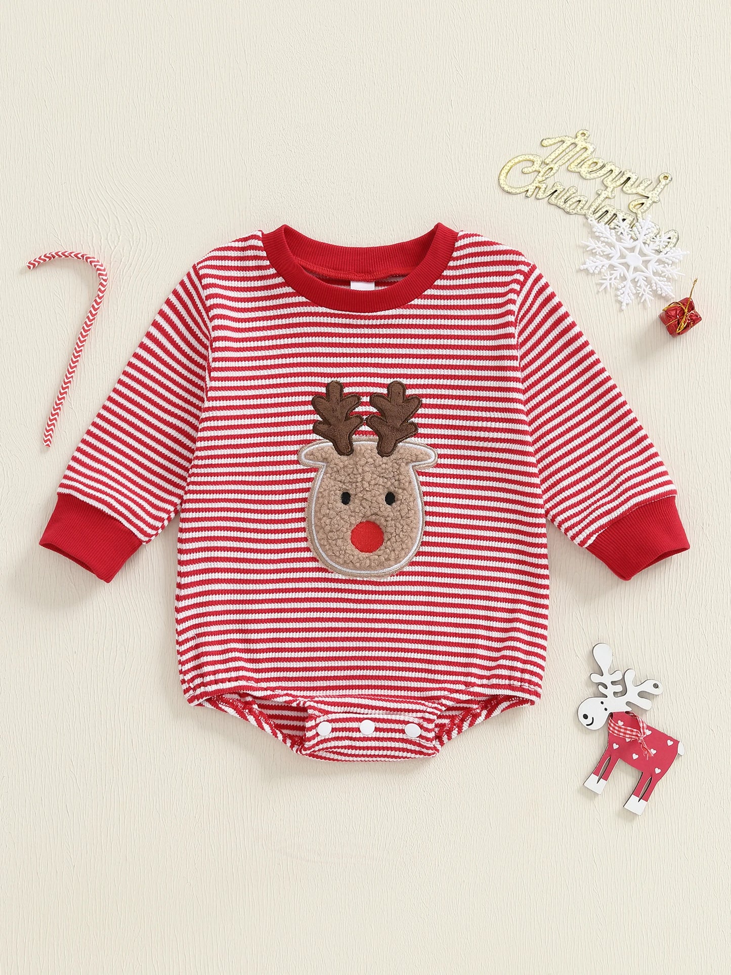 Baby Boys Girls Striped Romper Fashionable Christmas Reindeer Embroidery Round Neck Long Sleeve Jumpsuit