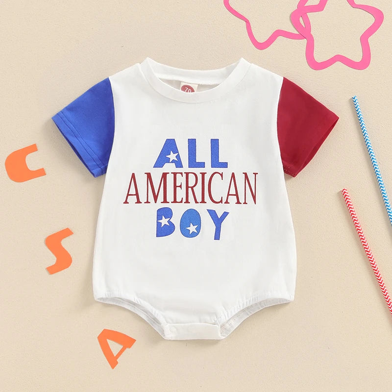 Baby Boys All American Boy Jumpsuit Casual 4th of July Letter Print Short Sleeve Romper