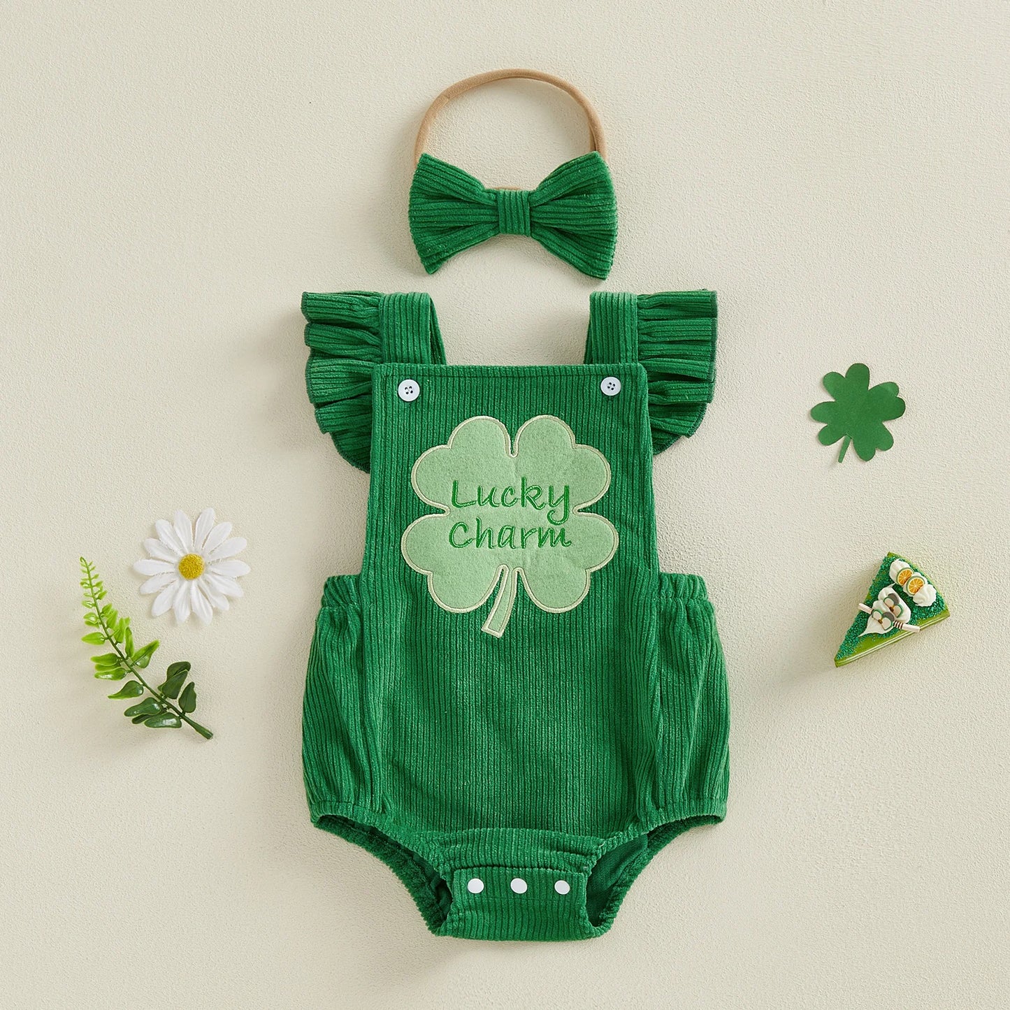Baby Girls 2cs Lucky Charm Outfit Sleeveless Square Collar Shamrock Letter Overall Romper Embroidery Jumpsuit with Headband Set