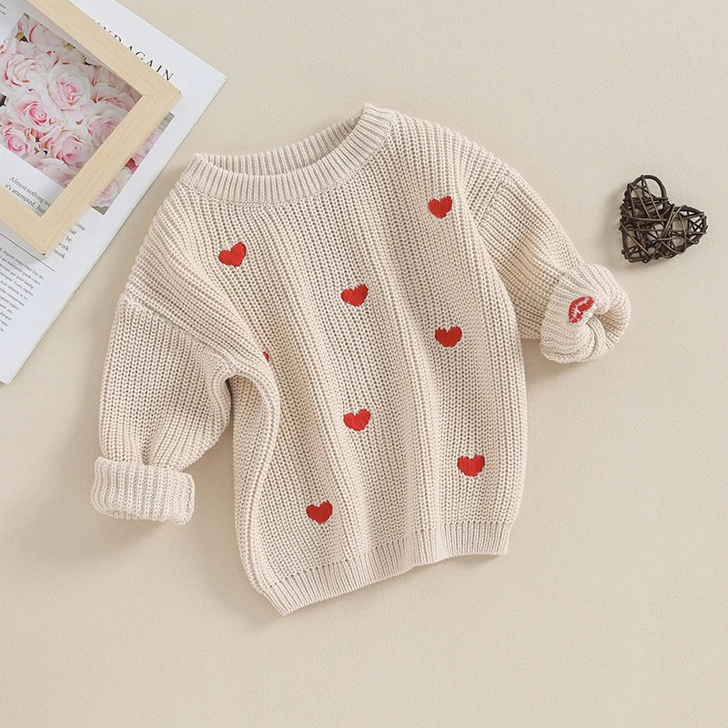 Baby Girl Knit Sweater Heart Embroidery Pullover Valentine's Day Clothes Top