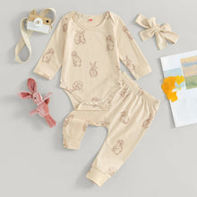 Load image into Gallery viewer, Baby Girls Boys 3Pcs Easter Outfit Rabbit Print Long Sleeve Romper Long Pants Headband Bow Bunny Clothes Set
