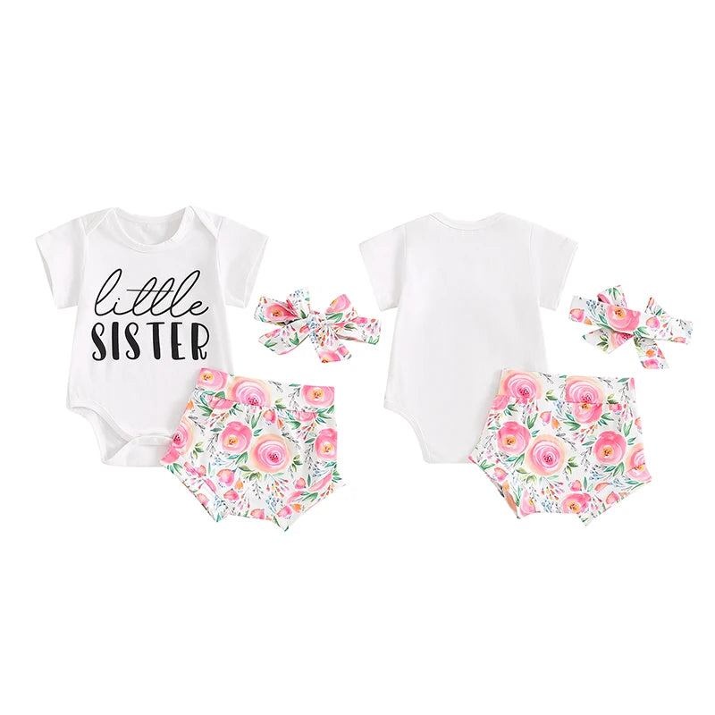 Baby Girls 3Pcs Little Sister Outfit Letter Print Short Sleeve Romper with Floral Flowers Pattern Shorts and Headband Set