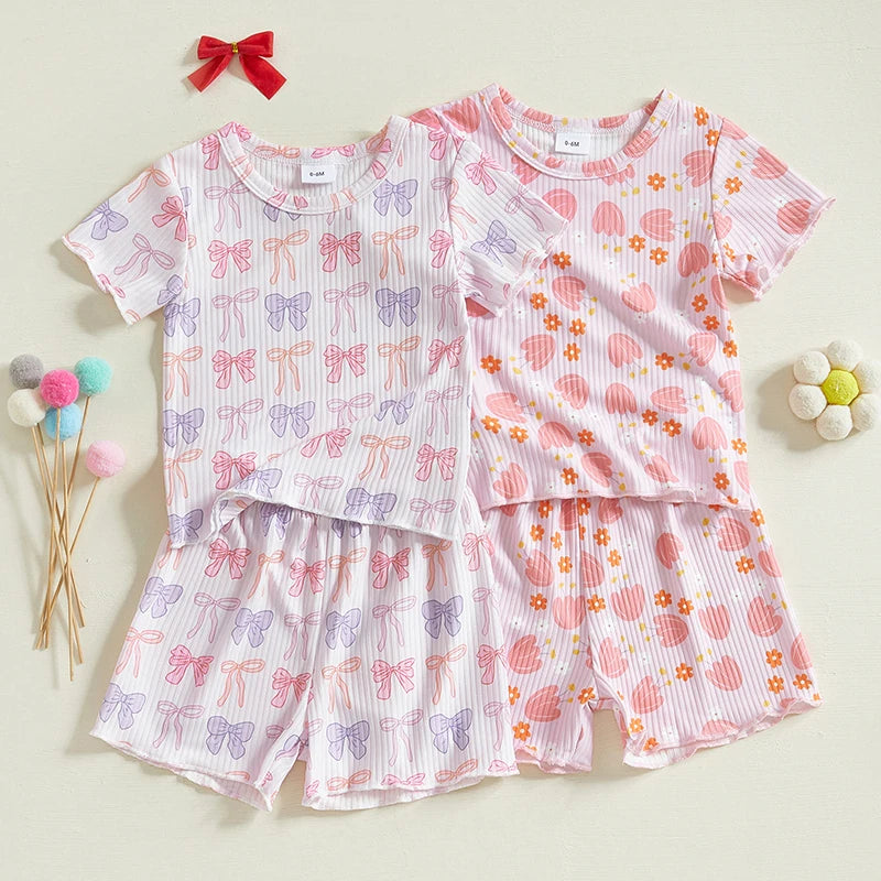Baby Toddler Girls 2Pcs Ribbed Shorts Set Bow Heart Print Short Sleeve Round Neck Top Elastic Waistband Shorts