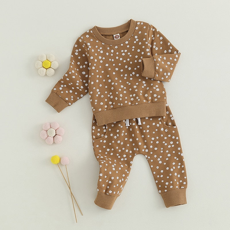 Baby Toddler Girls 2 Pcs Fall Outfit Flower Print Long Sleeve Crew Neck Top Pants