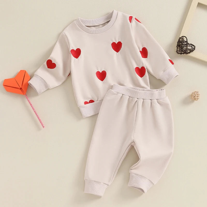 Baby Toddler Kids Girl 2Pcs Valentine's Day Outfits Long Sleeve Pullover Heart Print Top Pants Set Clothes