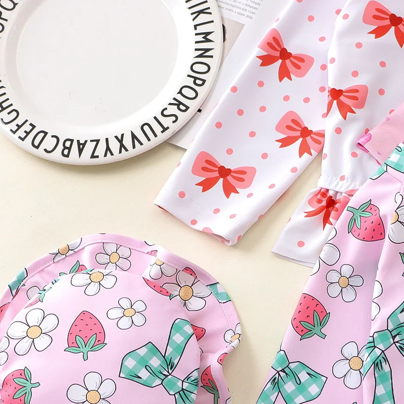 Baby Toddler Girls 2Pcs Rash Guard Swimsuit with Hat Bow Floral Print Zip Up Long Sleeve Crew Neck Swimwear Bathing Suit Set