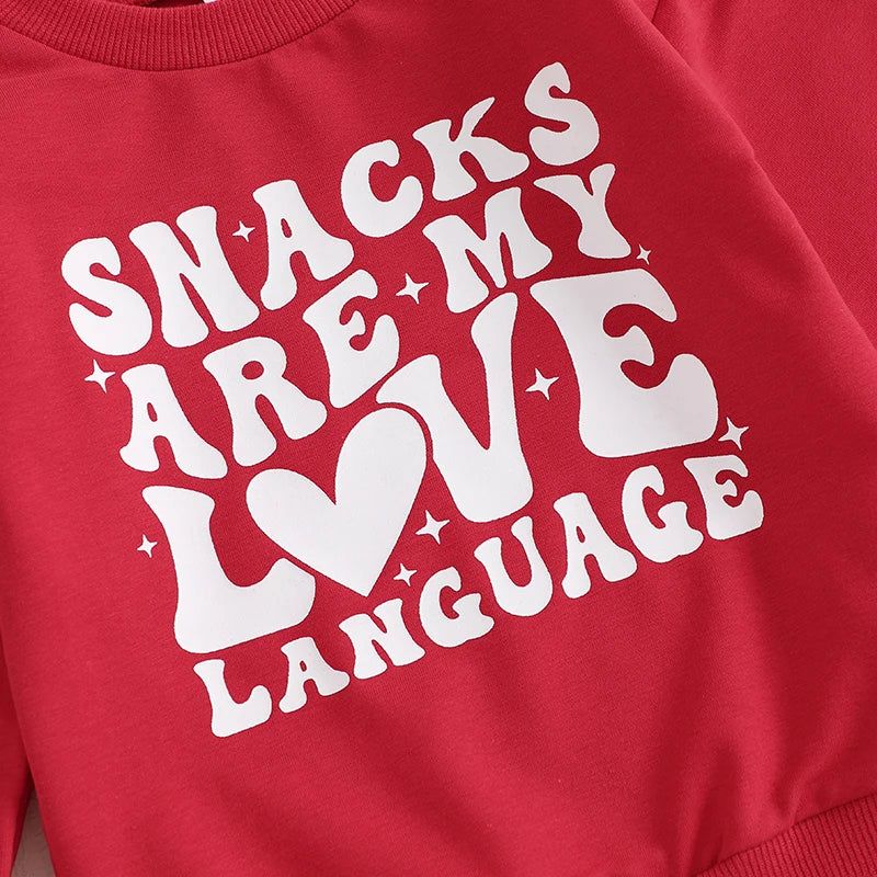 Baby Toddler Boys Girls 2Pcs Snacks Are My Love Language Valentine's Day Outfit Letter Print Long Sleeve Top and Elastic Pants Jogger Set Valentines