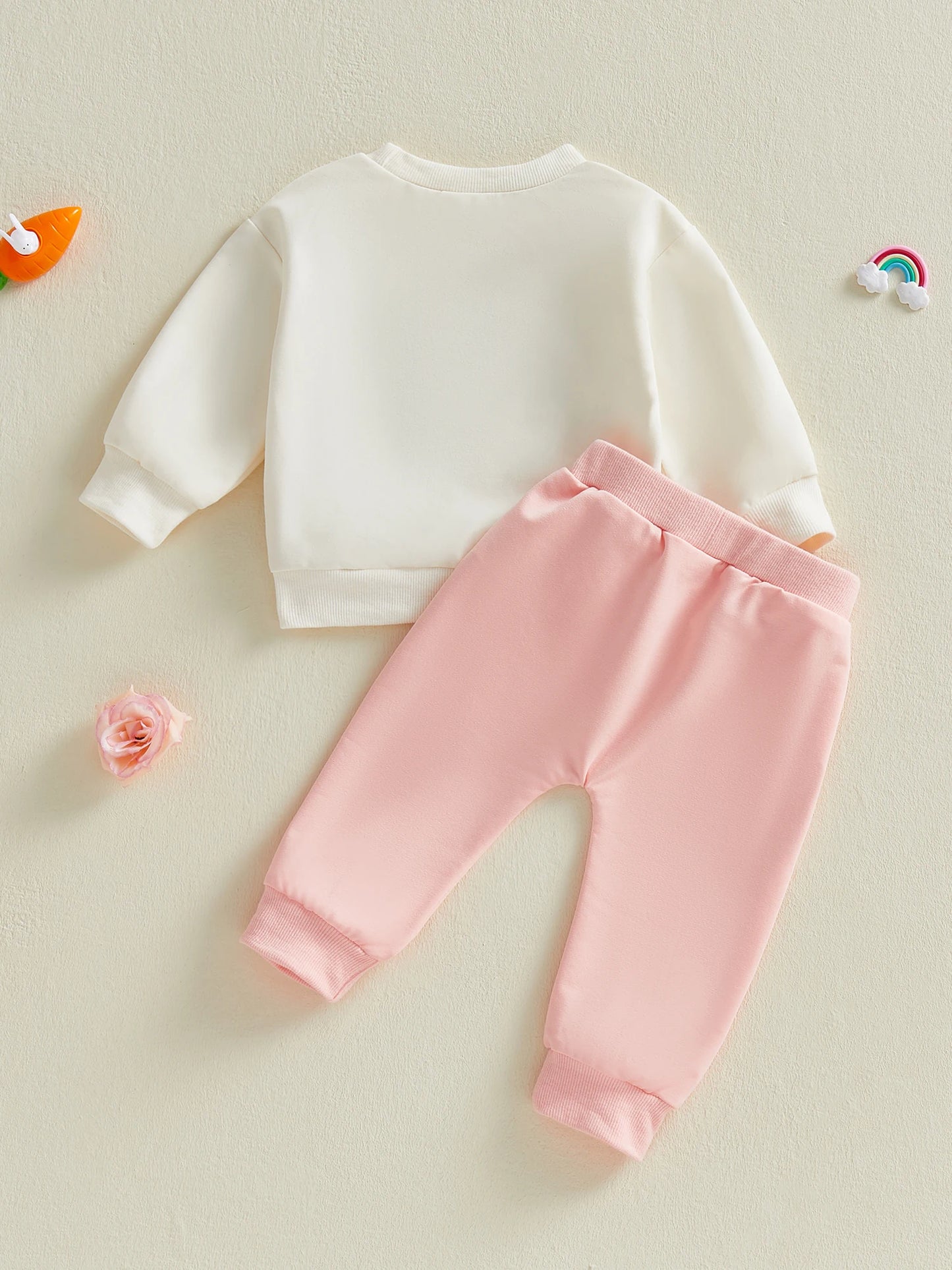 Baby Toddler Girls 2Pcs Easter Outfit Rabbit Flower Embroidery Long Sleeve Crew Neck Top and Elastic Waist Pants Jogger Set