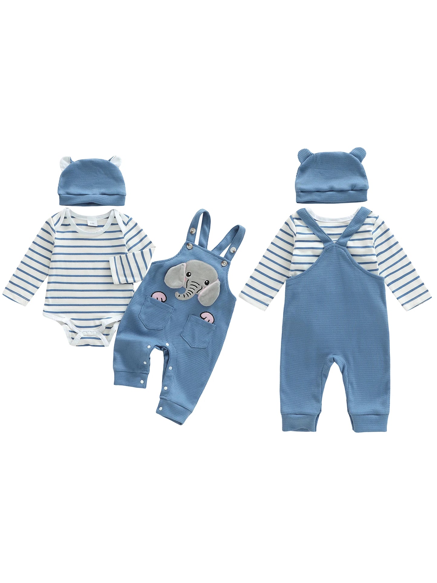 Baby Boys 3Pcs Outfit Set Long Sleeve Crew Neck Striped Romper Elephant Embroidery Suspender Pants Hat