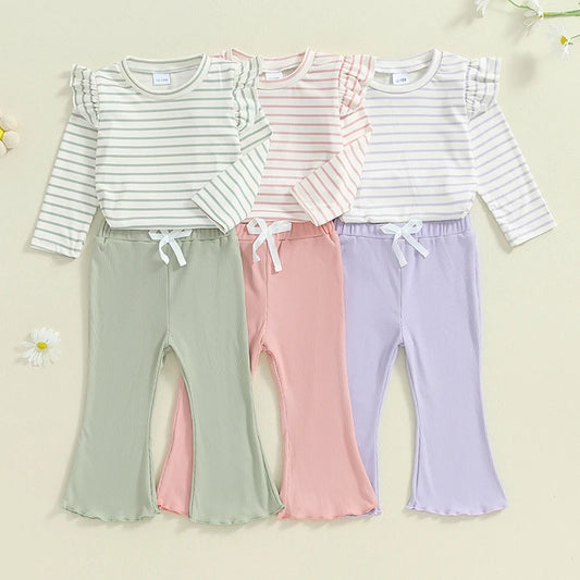 Baby Toddler Kids Girls 2Pcs Set Striped Long Sleeve Ruffled Top Elastic Waist Drawstring Long Flare Pants Outfit