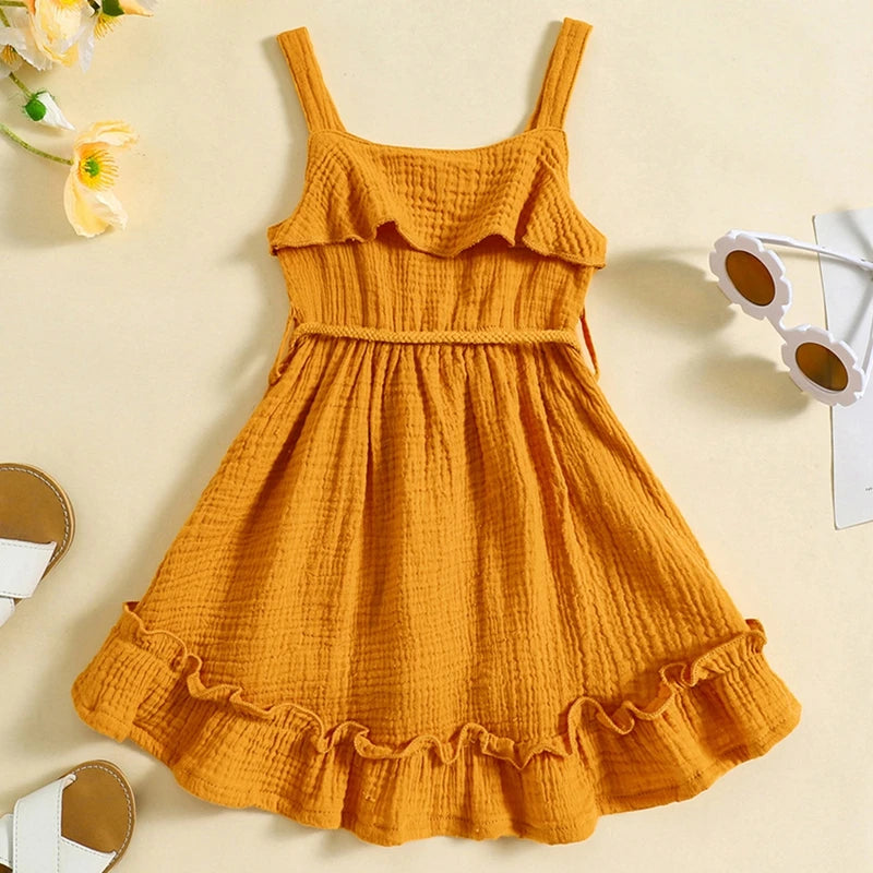 Baby Toddler Girls Summer Dress Casual Sleeveless Tank Square Neck Tie Belt A-Line Dress