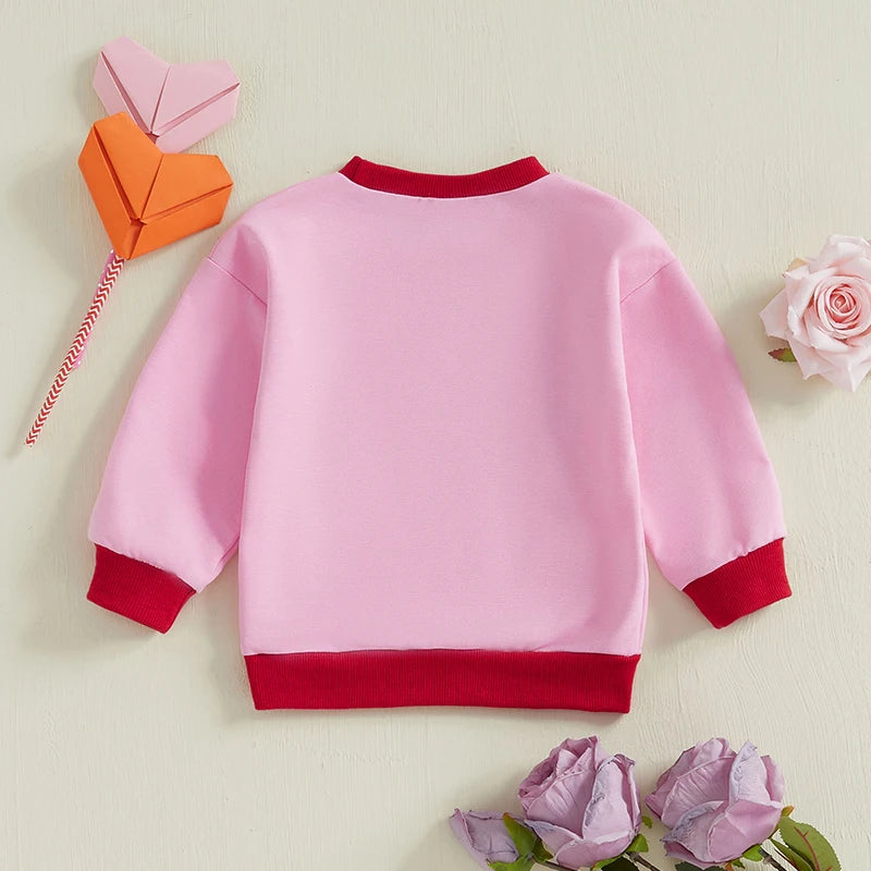 Baby Toddler Girls Valentine’s Day Long Sleeve Valentines University Cupid / I Love You Heart Letter Print Pullover Top