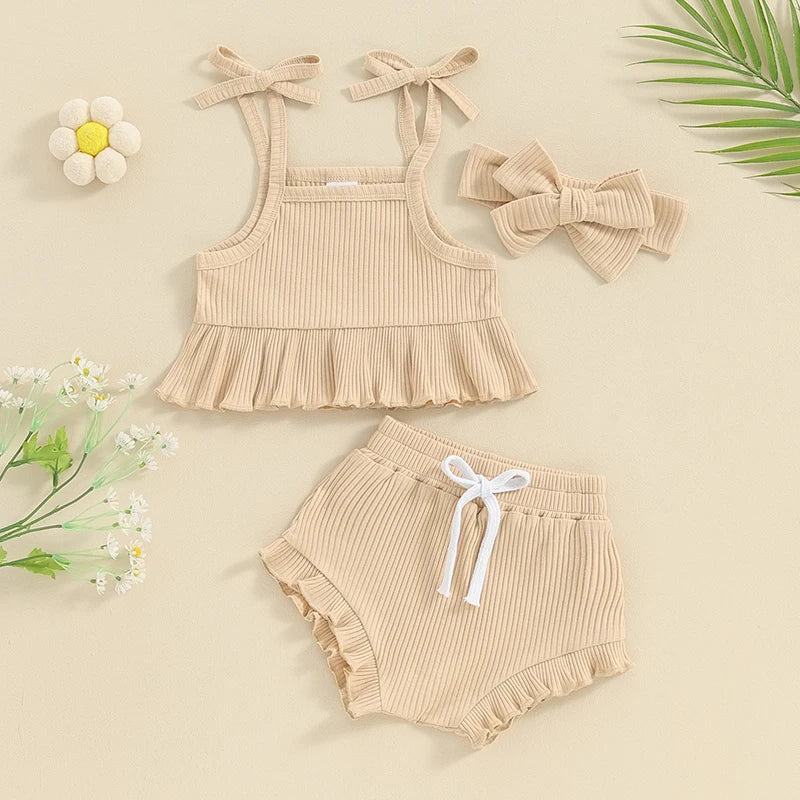 Baby Toddler Girls 3Pcs Outfits Solid Color Ruffled Sleeveless Tie Camisole Tank Top Elastic Shorts Cute Headband Set