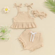 Load image into Gallery viewer, Baby Toddler Girls 3Pcs Outfits Solid Color Ruffled Sleeveless Tie Camisole Tank Top Elastic Shorts Cute Headband Set
