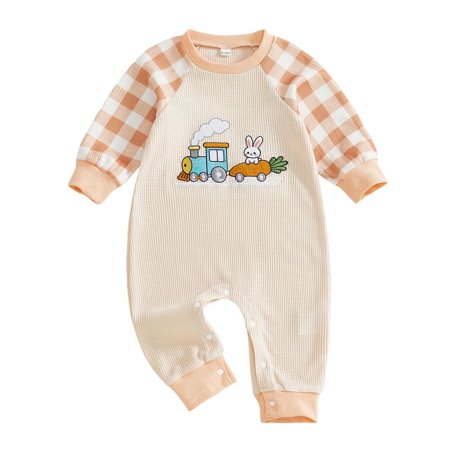 Baby Boy Girl Easter Romper Plaid Long Sleeve Round Neck Bunny Train Embroidery Full Length Jumpsuit