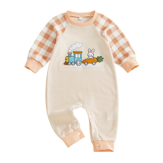 Baby Boy Girl Easter Romper Plaid Long Sleeve Round Neck Bunny Train Embroidery Full Length Jumpsuit