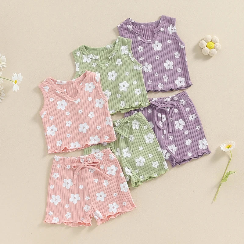 Baby Toddler Kids Girls 2PCS Sleeveless Round Neck Floral Flowers Print Tank Top with Elastic Waist Shorts Set