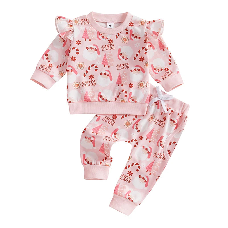 Baby Toddler Girls 2Pcs Pink Christmas Jogger Set All-over Santa Claus Print Ruffled Long Sleeve Top Long Pants Outfit