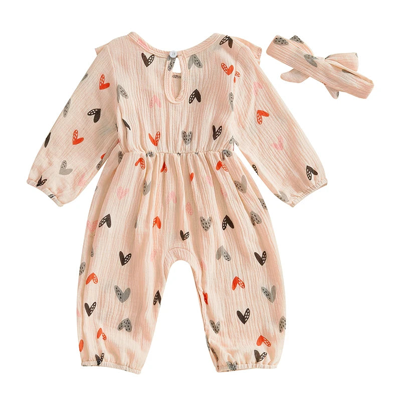 Baby Girls 2Pcs Valentine’s Day Outfit Long Sleeve Heart Print Ruffle Jumpsuit with Headband Set Valentines