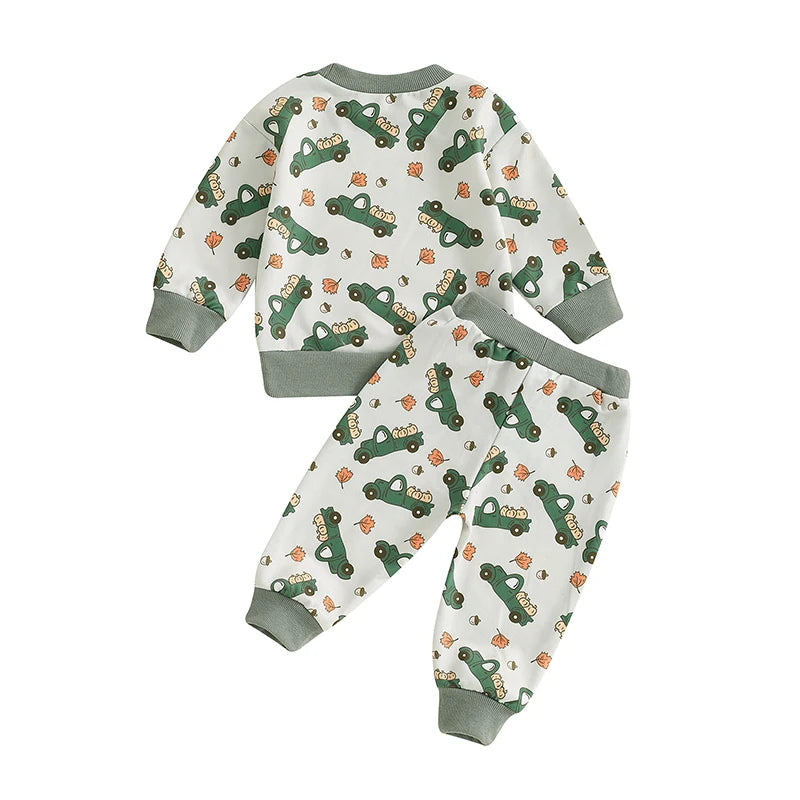 Baby Toddler Girls Boys 2Pcs Fall Outfit Truck Print Long Sleeve Crew Neck Top and Pants Set