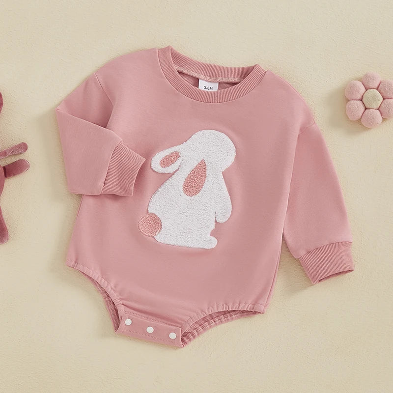 Baby Girls Easter Bubble Romper Spring Long Sleeve Bunny Rabbit Embroidery Loose Bodysuit Playsuit