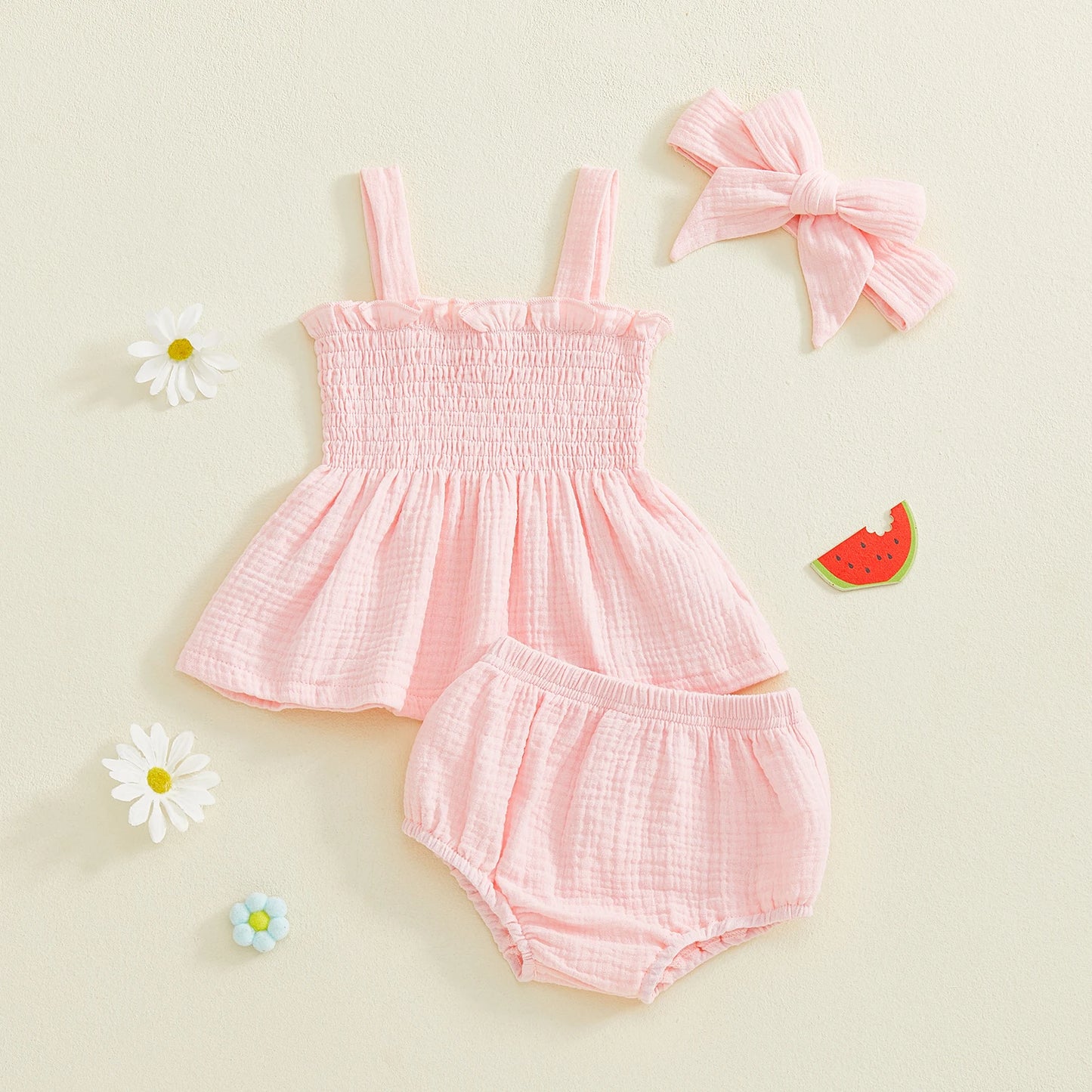 Baby Girl Summer Outfits Solid Color Ruffled Trim Smocked A Line Sleeveless Tops Shorts and Headband 3 Pcs Set