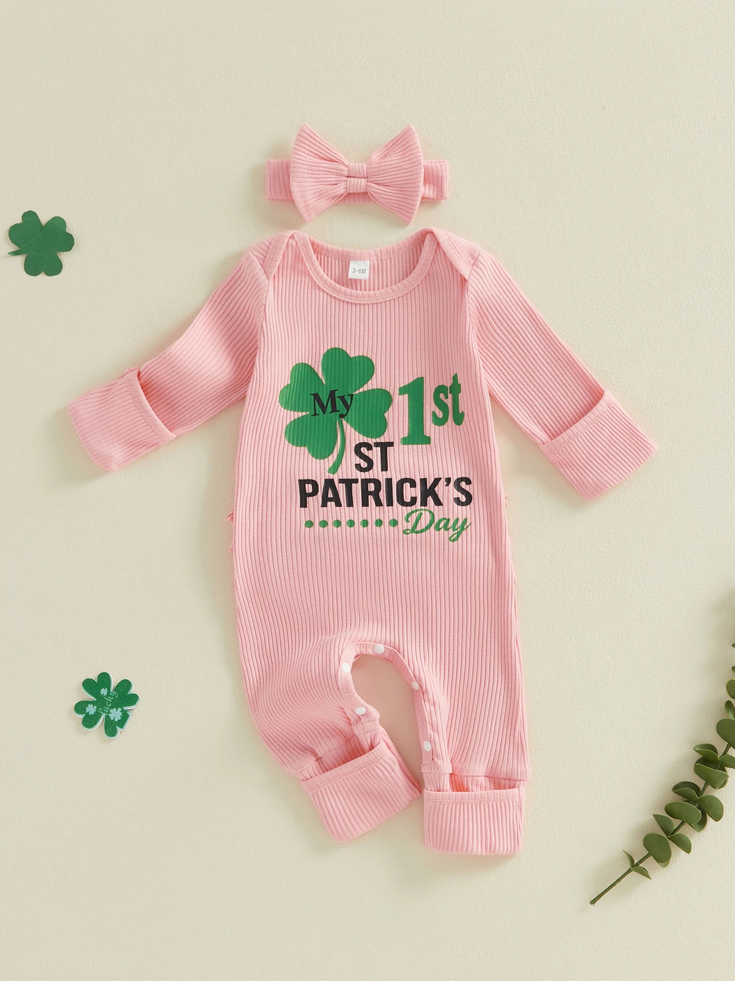 Baby Girls 2Pcs My 1st St. Patrick's Day Irish Romper Clover Letter Print Long Sleeve Round Neck Ribbed Jumpsuit with Bow Headband Set
