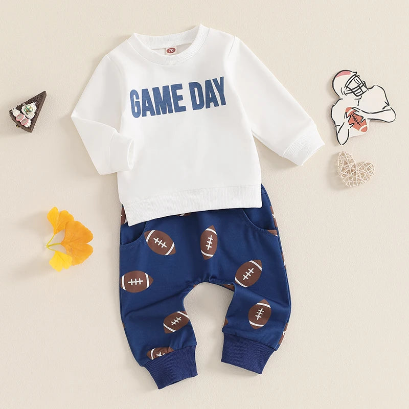 Baby Toddler Boys 2Pcs Game Day Autumn Outfit Long Sleeve Letter Print Pullover Tops Football Print Long Pants Set