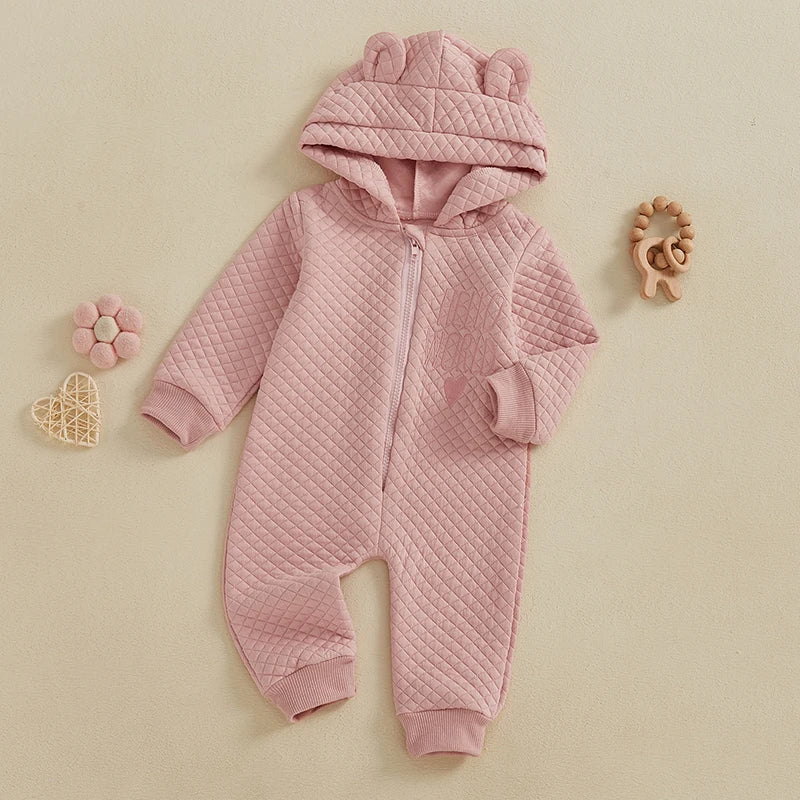 Baby Boys Girls Hello World Jumpsuit Long Sleeve Solid Hooded Hood with Ears Embroidery Letters Zipper Romper Clothes