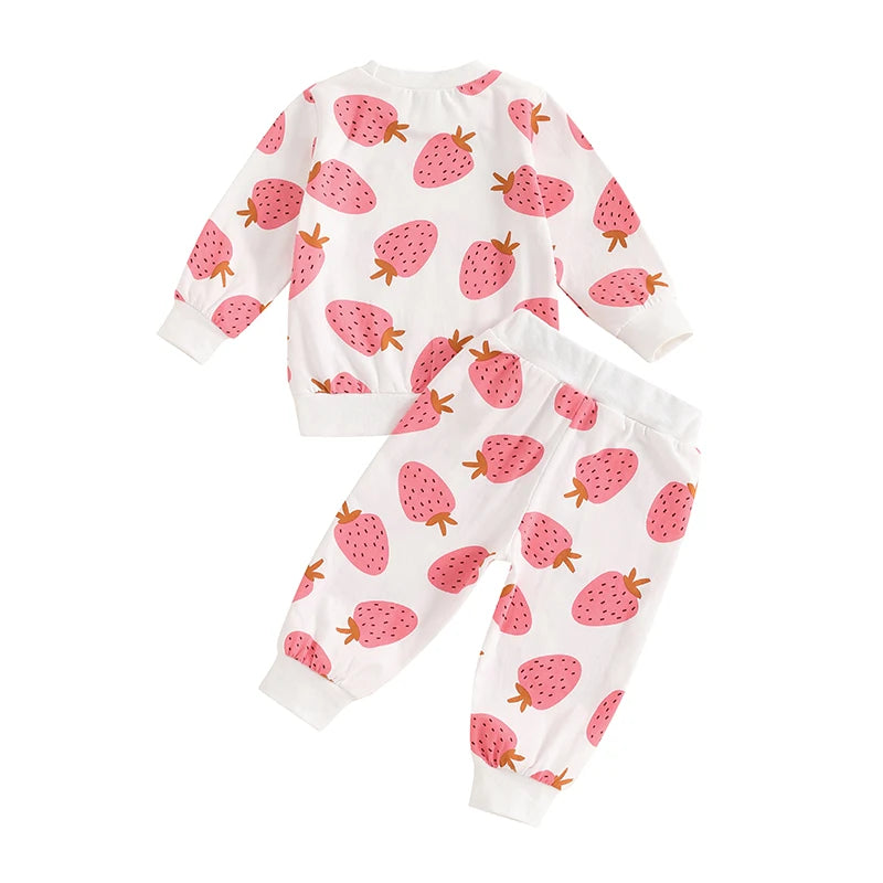 Baby Toddler Girls 2Pcs Fall Outfit Strawberry Print Long Sleeve Top and Elastic Pants Set