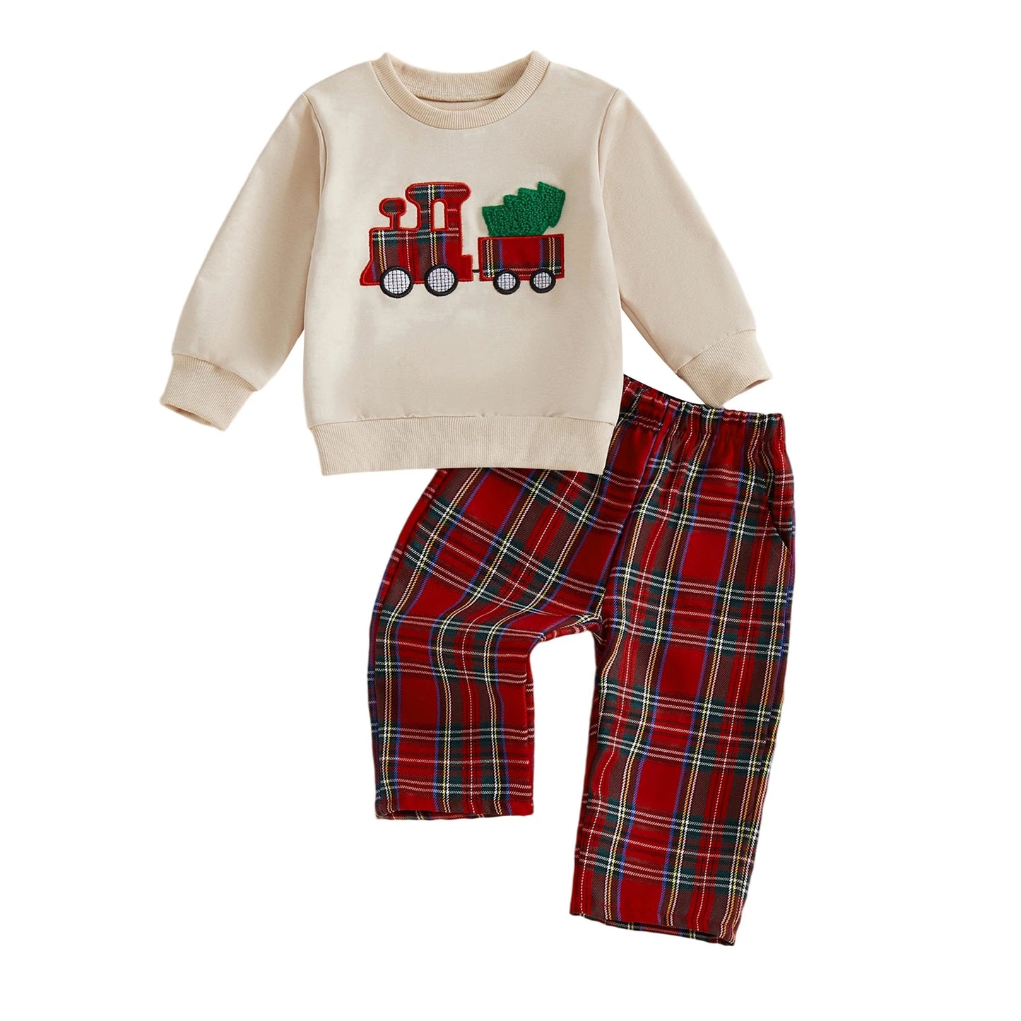 Baby Toddler Boys 2Pcs Christmas Outfits Long Sleeve Train Tree Embroidery Top + Plaid Pants Set Winter Clothes