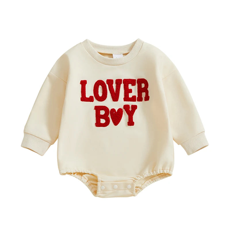 Baby Boy Bubble Romper Valentines Long Sleeve Round Neck Heart Letter Lover Boy Embroidery Bodysuit Valentine's Day