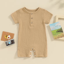 Load image into Gallery viewer, Baby Toddler Girl Boy Romper O-Neck Short Sleeve Button Down Solid Color Shorts Jumpsuit Infant Clothes
